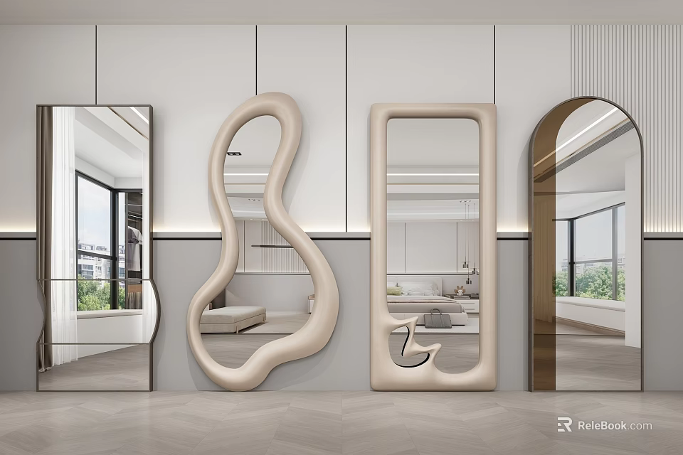 Unique Modern Mirrors In Interior Design With Curved Frame Arch Shape And Reflective Surface 3d model 