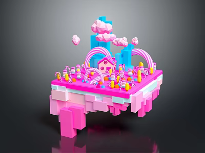 Colorful Cartoon Scene With Pink Platform Blue Building Rainbow Clouds And Candy Decorations 3d model