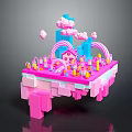 Colorful Cartoon Scene With Pink Platform Blue Building Rainbow Clouds And Candy Decorations