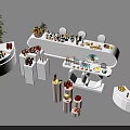 Modern Coffee Break Area With Curved Display Counters Various Fruits Desserts Drinks And Decorative Plants