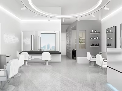 Modern White Beauty Salon Interior With Mirrors Chairs And Workstations 3d model