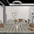 Modern Living And Dining Room Interior Design With Sofa Patterned Rug Chandelier And Wall Art 3d model