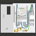 Electrical Distribution Box with Open Door Smart Meter Green Display Colored Wires and Yellow Terminals