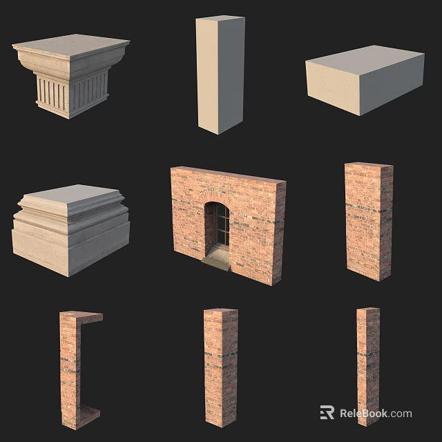 Various Column Designs With Brick And Stone Materials Featuring Ornate Capitals And Simple Styles 3d model