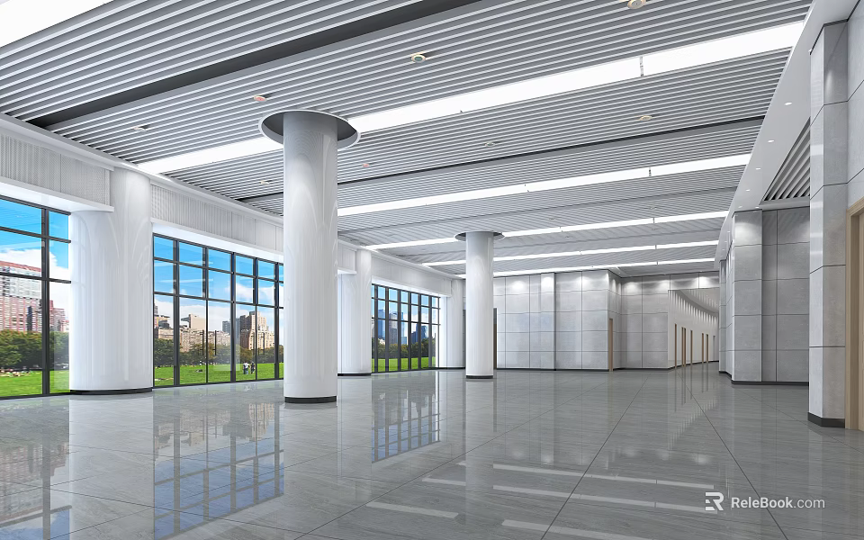 Modern Hotel Lobby Interior With High Ceiling White Columns And Large Windows 3d model 