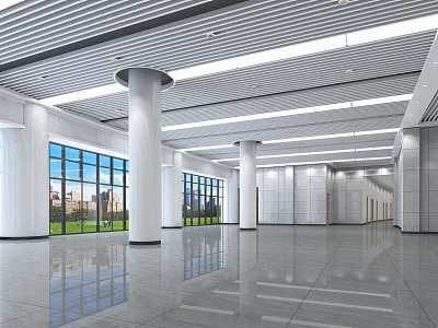 Modern Hotel Lobby Interior With High Ceiling White Columns And Large Windows 3d model