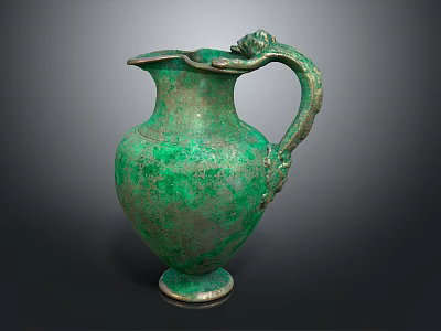 Green Bronze Household Vessel With Dragon Shaped Handle And Silver Base 3d model