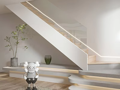 Modern Minimalist Staircase Design With Wooden Steps LED Light Strips Decorative Statue And Green Plant 3d model