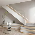 Modern Minimalist Staircase Design With Wooden Steps LED Light Strips Decorative Statue And Green Plant