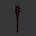 Ancient Serrated Weapon with Long Wooden Handle and Decorative Textured Design