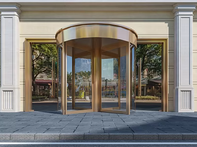 Golden Revolving Door At Building Entrance With Glass Panels And Stone Columns 3d model