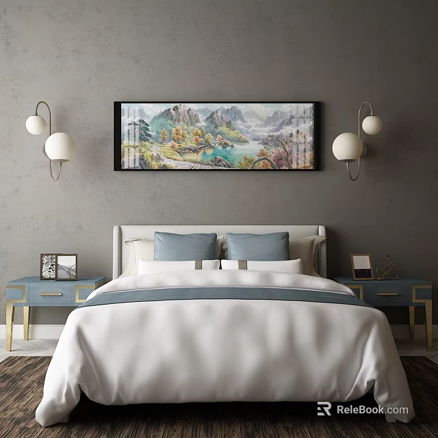 Double Bed in Modern Bedroom With Gray Wall Landscape Painting White Globe Lamps Blue Nightstands and Photo Frames 3d model 