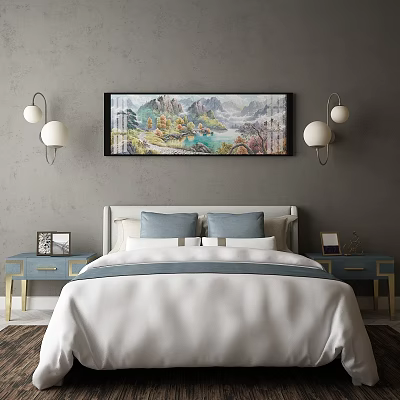 Double Bed in Modern Bedroom With Gray Wall Landscape Painting White Globe Lamps Blue Nightstands and Photo Frames 3d model