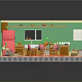 Colorful Kitchen Interior With Green Walls Orange Checkered Floor Red Refrigerator And Pink Chairs