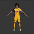 Man Wearing Yellow Soccer Jersey With Blue Sleeves Timer Logo Yellow Shorts And White Cleats