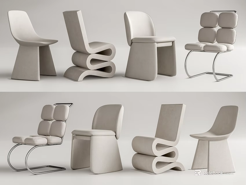 Modern Stylish Leisure Chairs With Curved Upholstered Seats And Metal Frames 3d model 