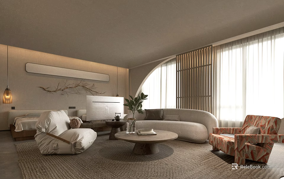 Cozy Boutique Homestay Guest Room With Arched Windows Wooden Slats Light Sofa And Round Table 3d model 