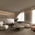 Cozy Boutique Homestay Guest Room With Arched Windows Wooden Slats Light Sofa And Round Table