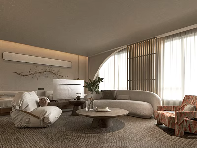 Cozy Boutique Homestay Guest Room With Arched Windows Wooden Slats Light Sofa And Round Table 3d model