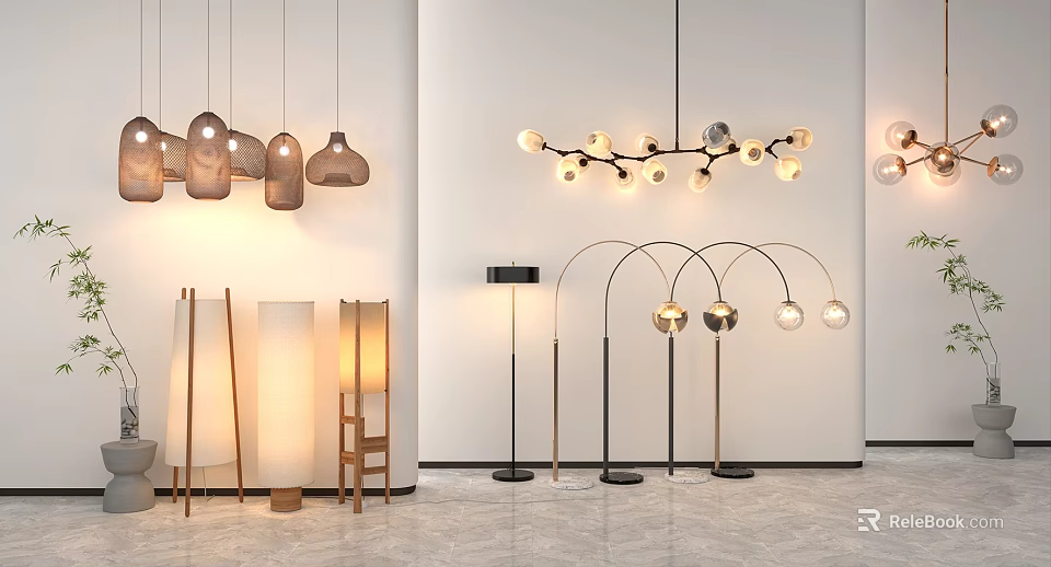 Modern Various Styles Lighting Collection Including Pendant Floor Table Lamps White Walls Gray Floor 3d model 