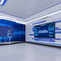 Futuristic White Exhibition Hall Featuring Model Base Sign Large Screen Earth Spaceship And Illuminated Lines