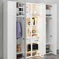 Modern White Wardrobe Interior With Hanging Clothes Bookshelves Storage Boxes And Decorative Items