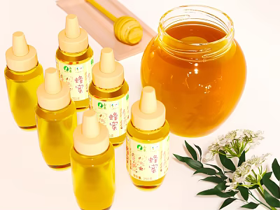Natural Pure Honey in Glass Jar with Small Bottles Honey Dipper and White Flowers 3d model
