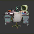 Vintage Office Desk Setup With Old Computer Red Telephone And Chair