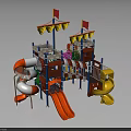 Playground Equipment With Multi Level Structure Orange Slide Yellow Spiral Slide Flags And Canopies