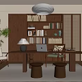 Home Office Interior With Wooden Bookshelves Large Desk Laptop Table Lamp Pendant Light And Potted Plant