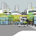Urban Modern Commercial Street With Contemporary Architecture Greenery And Covered Circular Walkway Plaza