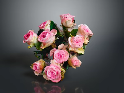 Bouquet of pink roses with fresh green leaves on grey background 3d model