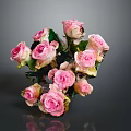Bouquet of pink roses with fresh green leaves on grey background