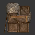 Stacked Wooden Crates With Thick Sacks As Practical Household Storage Items