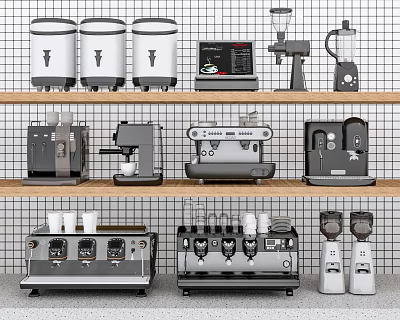 Modern Kitchen Shelves With White Canisters Menu Board Coffee Grinder Blender Espresso Machines And Appliances 3d model