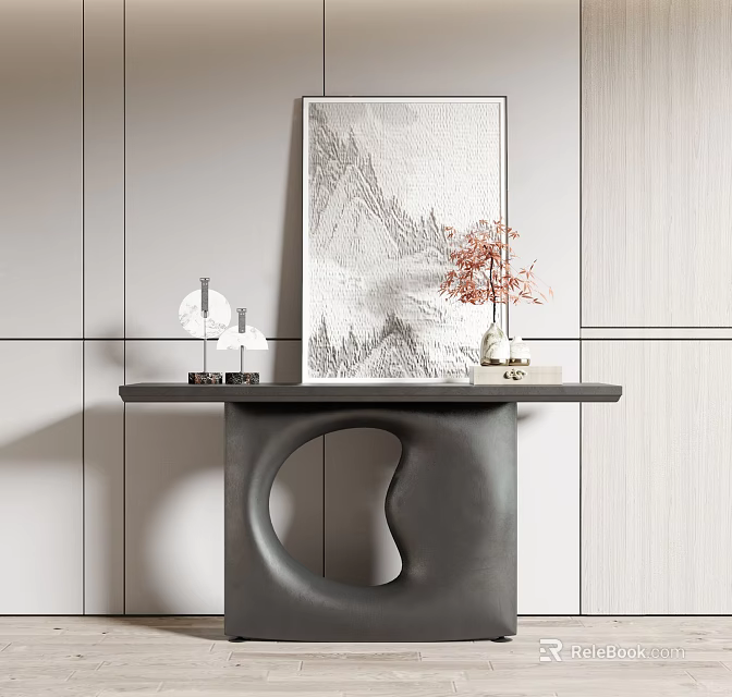 Modern Console Table with Landscape Painting and Decorative Vase on Wall Panel Background 3d model 