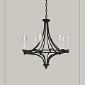 Classic Dark Metal Chandelier With Multiple Candle Shaped Bulbs Against Gray Wall In Minimalist Interior
