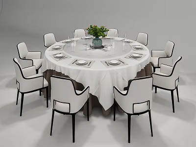 Modern Round Dining Table Set With White Tablecloth Green Plant And Eight White Chairs 3d model
