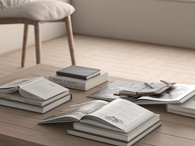 Open and Stacked Books Magazines on Wooden Table With Chair in Minimalist Indoor Setting 3d model