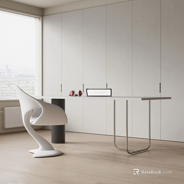 Modern Minimalist White Desk With Stylish Chair And White Cabinets By Window 3d model 