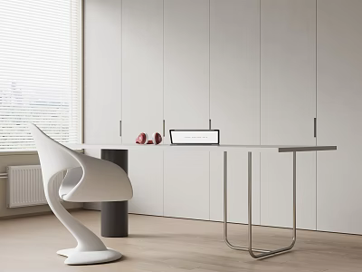 Modern Minimalist White Desk With Stylish Chair And White Cabinets By Window 3d model