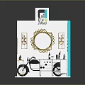 Contemporary Display Booth Featuring Turquoise Panel Circular Mirror Small Motorcycle Model And Wooden Floor