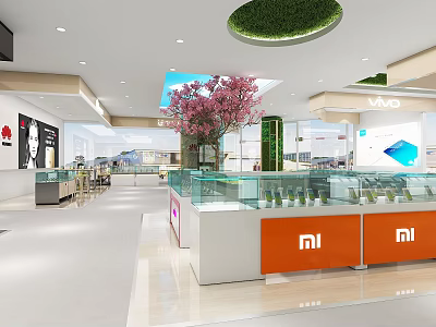 Modern Electronic Store Display Cabinets Featuring MI VIVO Brands and Glass Countertops in Store Environment 3d model