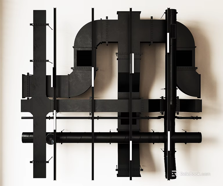 Industrial Black Metal Pipes System With Wall Mounted Frames And Support Structures 3d model 