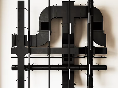 Industrial Black Metal Pipes System With Wall Mounted Frames And Support Structures 3d model