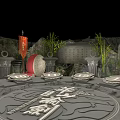 Cartoon Scene With Circular Dining Table Chairs Bamboo Red Flags And Green Plants
