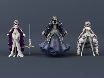 Game And Movie Female Fantasy Characters With Elaborate Costumes Sword And Floral Decorations 3d model