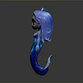 Cute Blue Mermaid Doll With Sparkling Hair Tail And Reflection On Gray Background