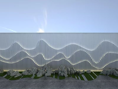 Modern Gray Wavy Wall With Stone Accents Sky Backdrop And Lighting 3d model
