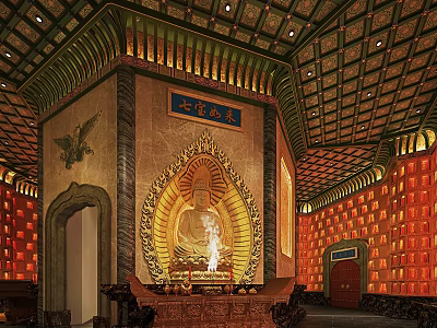Buddhist Temple Interior With Golden Buddha Statue Red Lanterns And Religious Faith Elements 3d model